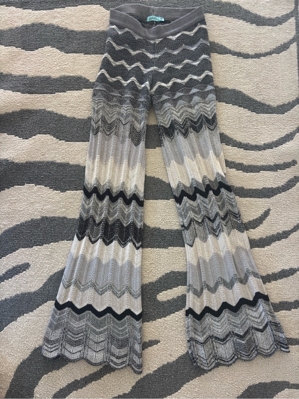 Goddess Gray Black Cream Chevron Knit Wide-Leg Pants